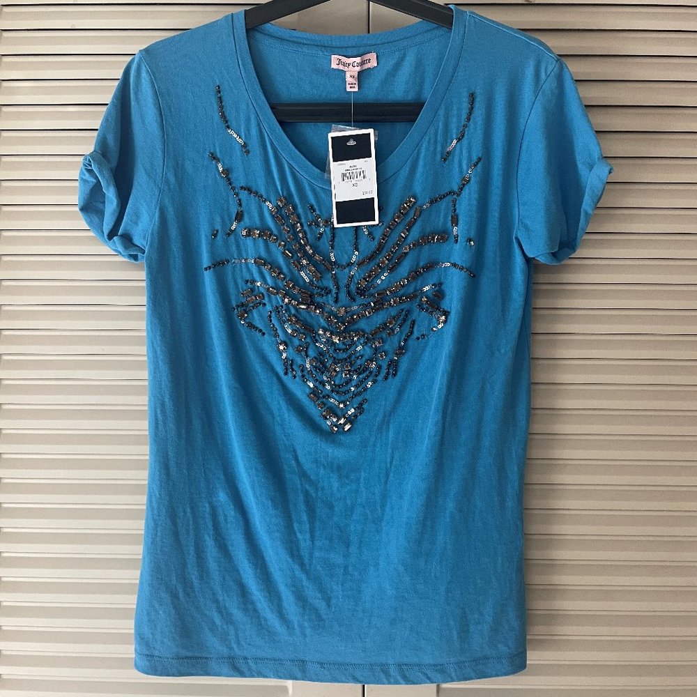 NWT Vintage Juicy Couture Bijoux Embellished Tee Bright Blue Size XS S